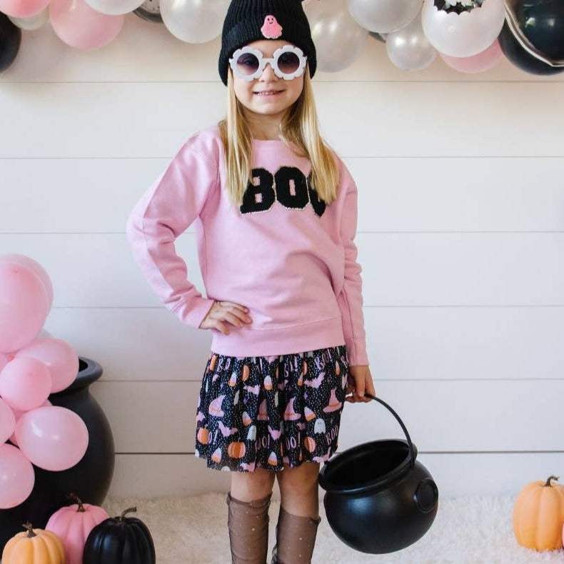 Kids Halloween Boo Patch Pink Sweatshirt - Favorite Little Things