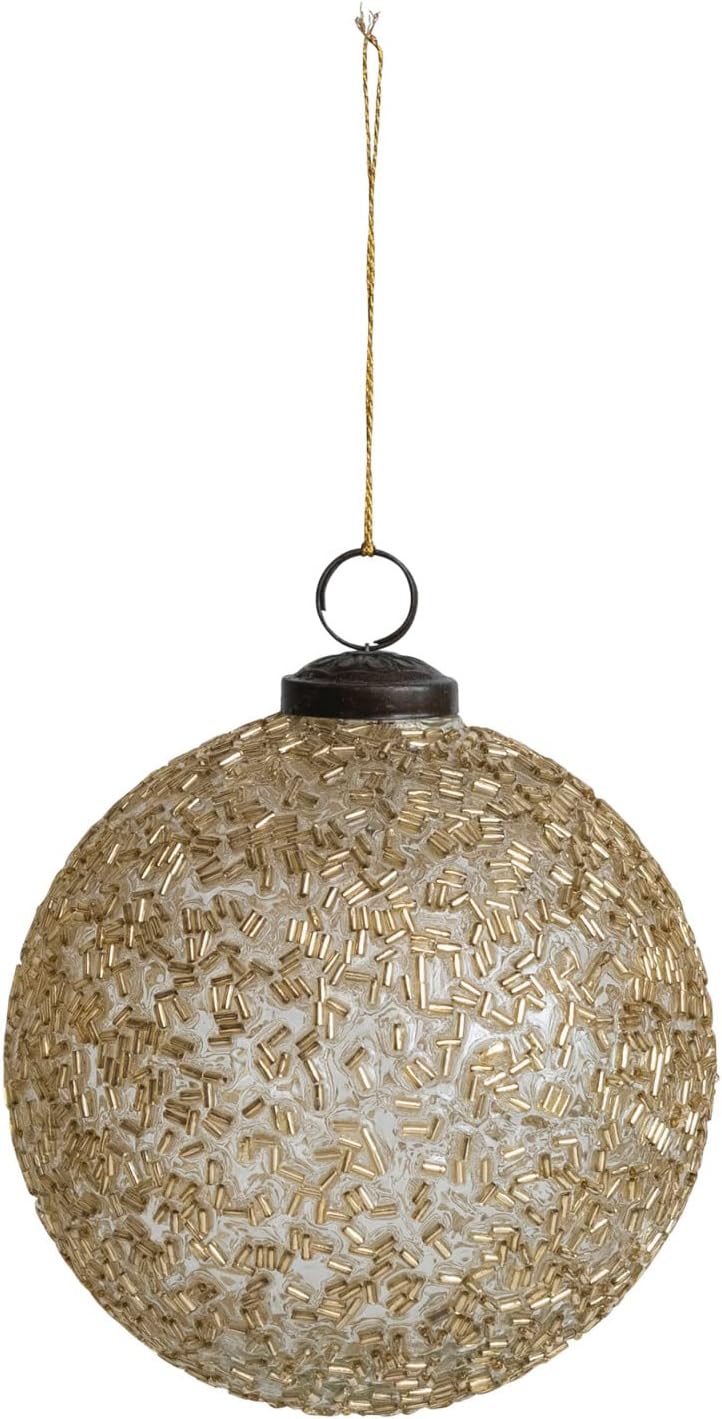 5" Round Glass Ball Ornament w/ Beads, Gold Color - Favorite Little Things Co