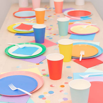 Vibrant and stylish disposable dinner plates in a cheerful banana color from Favorite Little Things