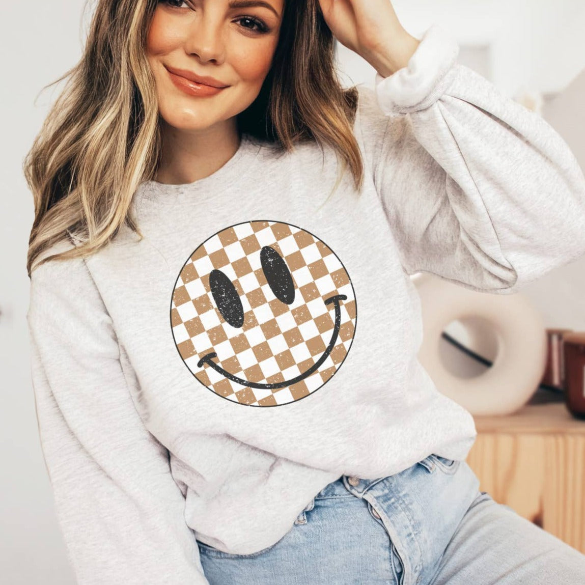 Checkered Happy Face Crew Neck Sweatshirt - Favorite Little Things Co