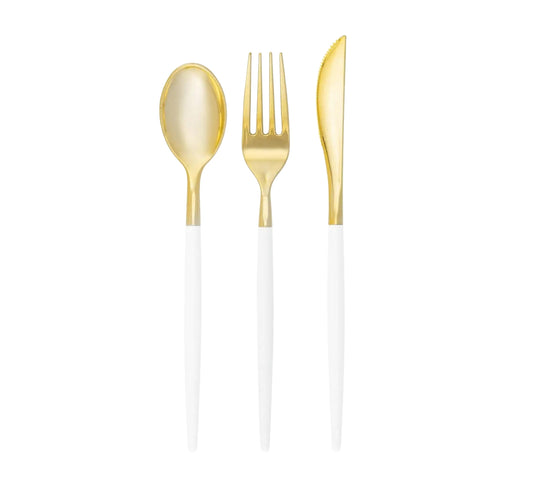 White and Gold Plastic Cutlery Set 32 Pieces
