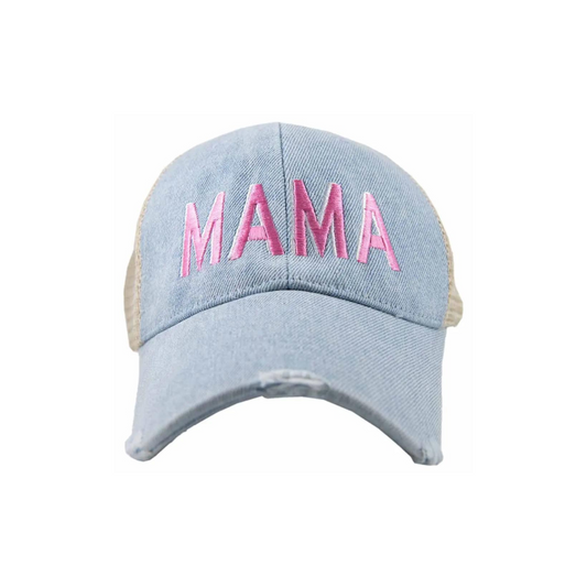 Katydid Mama Light Pink and White Denim Trucker Hat