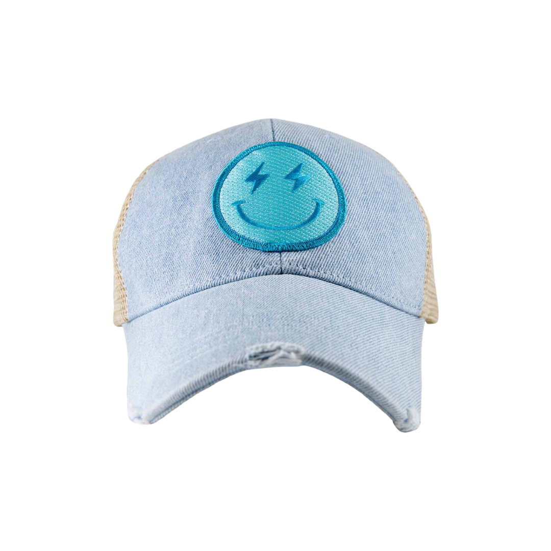 Katydid Turquoise Lightning Denim Happy Face Trucker Hat