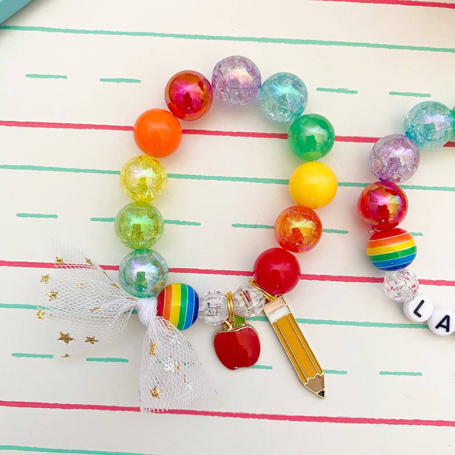 Back to School Rainbow Pencil & Apple Charm Bracelet- Pink Red Apple-Favorite Little Things Co