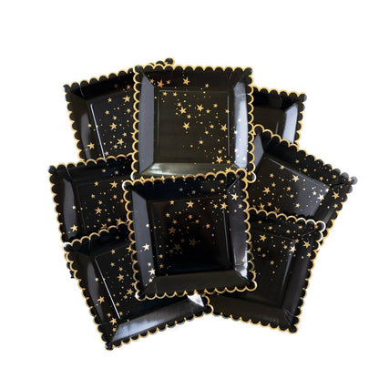 Gold Stars Black Scalloped Paper Plates - Favorite Little Things Co