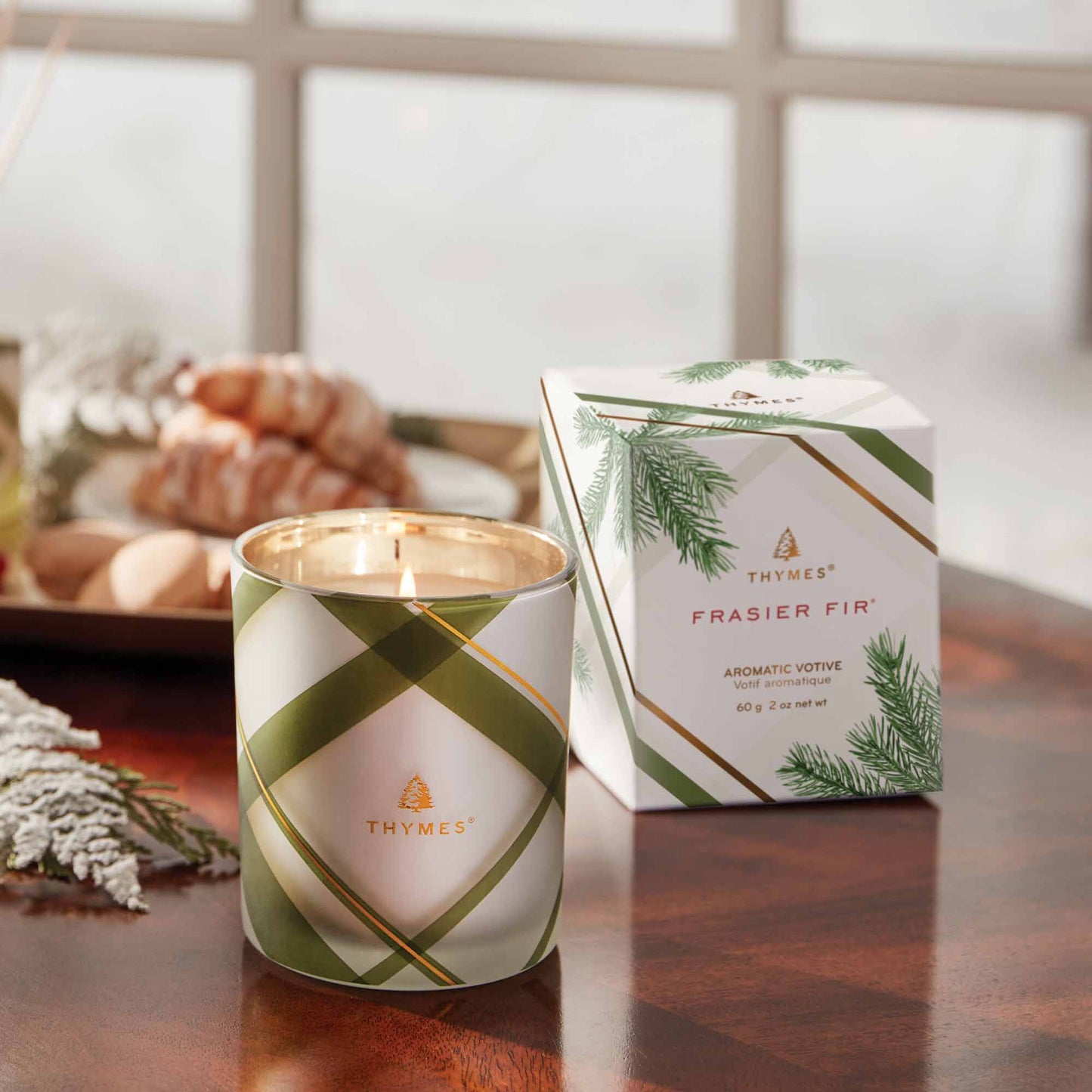 Thymes Frasier Fir Frosted Plaid Mini Votive Candle