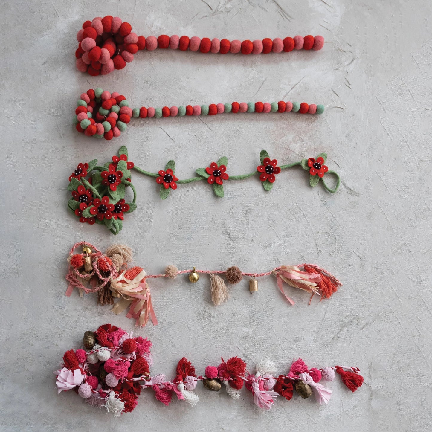 Handmade Recycled Cotton Tassel & Bell Garland, Pink, Red & Cream Color